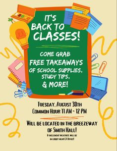 the back to class flyer is shown with an image of books and school supplies on it