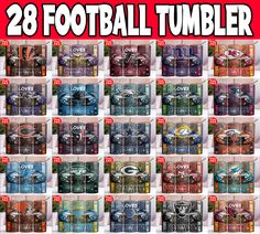 the nfl football tumblers are all in different colors and sizes, with each team's name on them