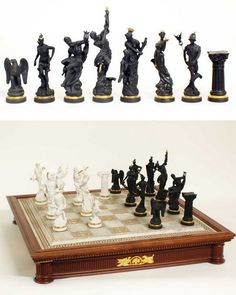 an old chess board with several pieces on it and the same piece in front of it