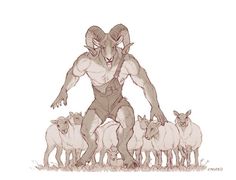 a drawing of a ram with his arms outstretched in front of several sheep and goats