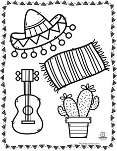 a black and white drawing of a mexican theme with cactus, guitar and sombrero