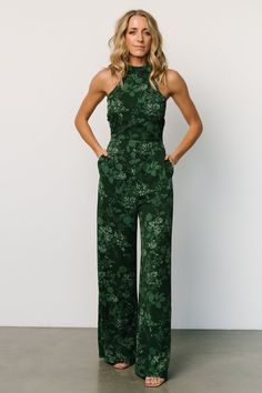 Officiant Attire, Wedding Guest Pants, Black Halter Jumpsuit, Formal Wedding Attire, Green Floral Design, Formal Jumpsuit, Baltic Born, Wedding Jumpsuit, Jumpsuit Dressy