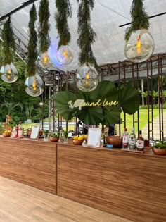 an outdoor bar with hanging plants and glass globes