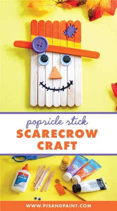 popsicle stick scarecrow craft with the words popsicle stick scarecrow craft on it