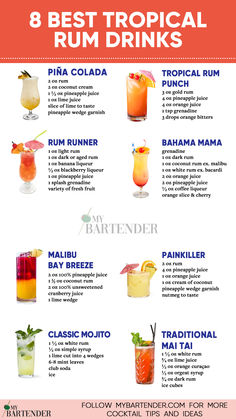 Best Tropical Rum Drinks Dangerous Alcoholic Drinks, Shots With Malibu Rum, Tropical Drinks Recipes Alcohol, Drinks With Malibu Rum, Tropical Rum Punch, Mixed Drinks Alcohol Recipes, Malibu Rum Drinks, Coconut Rum Drinks