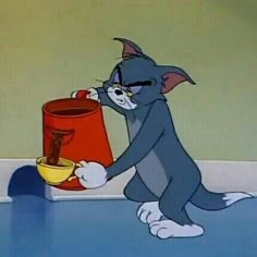 a cartoon cat is pouring something into a cup