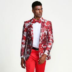 Red Floral Tuxedo Jacket Slim Fit - Blazer