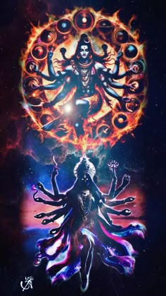 an image of the hindu god with fire and flames around him, surrounded by other symbols