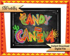 a blackboard with the words candy camera written in colorful letters and flames on it