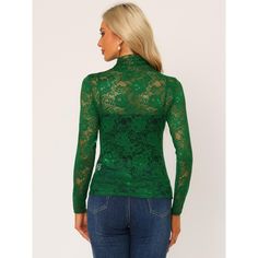 The floral lace brings elegant romance to a semi-sheer blouse. Long sleeves with mesh lace design are great highlights, full of a sense of detail and design. The mock neck and see-through design instantly elevate this lace blouse and make it a sophisticated choice for day or night. Casual and elegant, this blouse is styled with soft lace fabric. A mock neck and floral lace add ebullient charm to this casual sheer top. This casual and elegant blouse, designed with a stand collar and floral design Sheer Stretch Lace Top, Fitted Lace Mesh Top With Lace Trim, Sheer Lace Mesh Top For Fall, Stretch Lace Mesh Top, Party Mesh Top With Lace Trim, Elegant Lace Mesh Top With Lace Trim, Fall Lace Mesh Top, Elegant Crochet Lace Tops For Fall, Crochet Lace Top For Fall