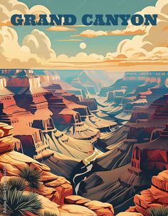 the grand canyon poster is shown with mountains and clouds in the background, as well as an