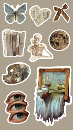 several stickers with different images and pictures on them, including an eye looking at the viewer