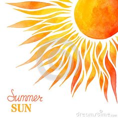 watercolor sun on white background with the words summer sun in orange and yellow colors