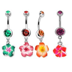 four different colored flower belly rings