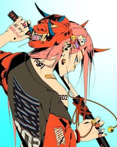 an anime character with pink hair and piercings on her head holding a cell phone