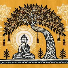 an image of buddha sitting under a tree in the middle of a yellow and black background