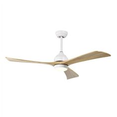 a white ceiling fan with wooden blades on the blade and light fixture in front of it