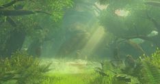 the sun shines through the trees and leaves in an animated forest scene with lush green foliage