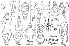 doodle lightbulb clipart with different types of bulbs and lightshades