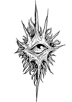 an all seeing eye tattoo design in black and white, with flames coming out of it