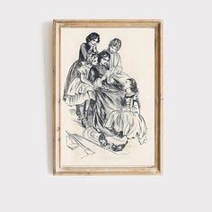 a framed drawing of three women sitting on the ground with two children in front of them