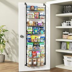 a refrigerator filled with lots of food next to a shelf full of containers and baskets