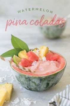 watermelon and pineapple drink in a bowl with text overlay that reads, watermelon pina coladas