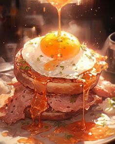 a sandwich with an egg on top and sauce drizzled over it