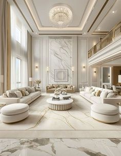 a living room filled with lots of white furniture and walls covered in marble tiles on the floor