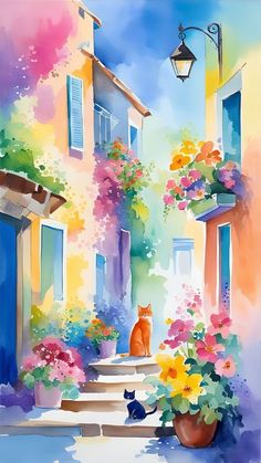 a painting of a cat sitting on the steps in front of a house with flowers