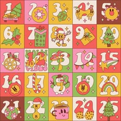 the numbers are decorated with cartoon animals and christmas decorations on colorful squares, as well as an ornament for new year's eve