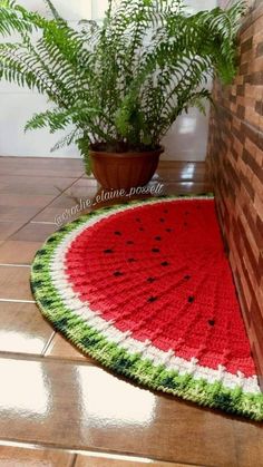 a watermelon rug on the floor next to a potted plant