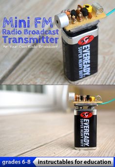 two pictures of an electronic device with the words mini fm radio broadcast transformer