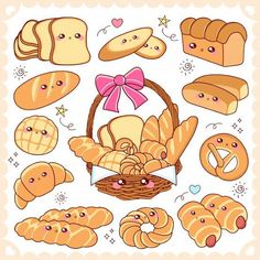 breads and pastries are arranged in the shape of a basket with a bow