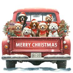 a group of dogs sitting in the back of a red truck decorated with christmas decorations