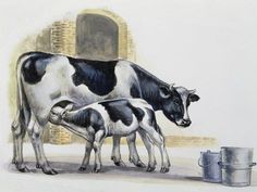 a drawing of two cows standing next to each other near a bucket and an open door