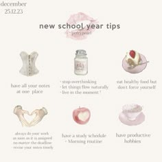 an advertisement for new school year tips, with pictures of different items and text on it