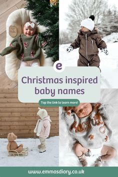 christmas inspired baby names are featured in this collage with images of babies and their toys