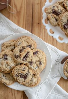 chocolate chunk cookies on a white plate