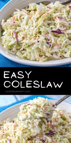 coleslaw in a white bowl with a spoon on top and the same side