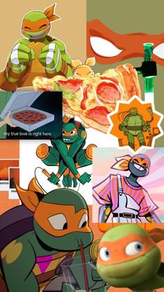 teenage mutant ninja turtles and pizzas are in this collage with the same character