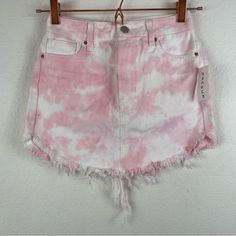 Pacsun Pink Tie Dye Denim Skirt Size Waist 22 New With Tags Pls Note Of Dirt On Back Mid-rise Cotton Skort For Spring, Summer Mini Length Bottoms With Frayed Hem, High Waist Cotton Skort For Spring, Spring High Waist Cotton Skort, Summer Denim Skirt For Day Out, Short Denim Skirt For Summer Day Out, Spring Cotton Denim Skirt For Day Out, Cotton Denim Skirt For Spring Day Out, Cotton Skirt With Frayed Hem For Day Out