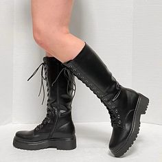 These Newly Arrived Combat Boots Will Spruce Up Your Outfit Instantly New In Box Vegan Leatherette Material Side Zipper For Easy Shoe Removal Comfy Platform Lug Soles Platform Height: 1 In. Heel (Including Platform): 1.5 In. Fitting: True To Size. Regular Fit. Black Lace-up Mid-calf Boots Casual, Casual Black Lace-up Mid-calf Boots, Knee-high Black Combat Boots For Spring, Black Knee-high Combat Boots For Spring, Casual Black Mid-calf Platform Boots, Casual Knee-high Platform Lace-up Boots, Casual Wide Calf High Ankle Lace-up Boots, Casual Black Platform Mid-calf Boots, Casual Knee-high Lace-up Boots With Lug Sole