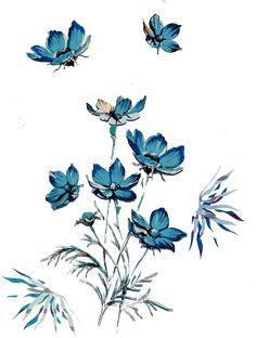 some blue flowers and two butterflies flying in the sky