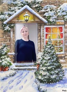 a painting of a woman standing in front of a house with snow on the ground