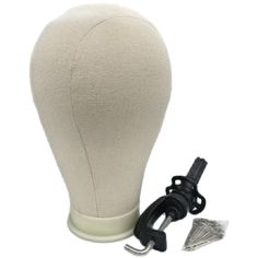 a white mannequin head with an iron hook