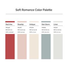 the color palette for soft romance is shown in red, white and grey colors with different shades