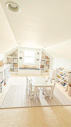 a room with white furniture and lots of shelves