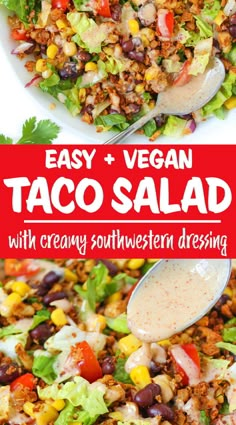 taco salad with creamy southwestern dressing in a white bowl and on a red background