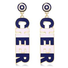 two tone blue and white earrings with the word ef on it's side